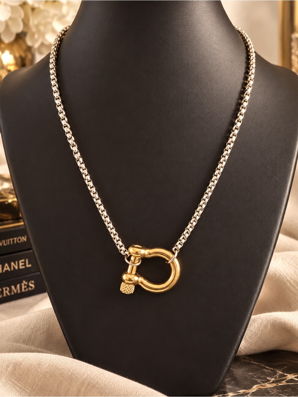 Two Tone Horse Bit Necklace Silver Chain Gold Snaffle Equestrian Statement